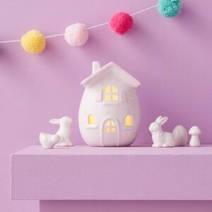 Light Up Ceramic Mushroom Easter House Pink & 10pc Bunny Figurine Set - Spritz